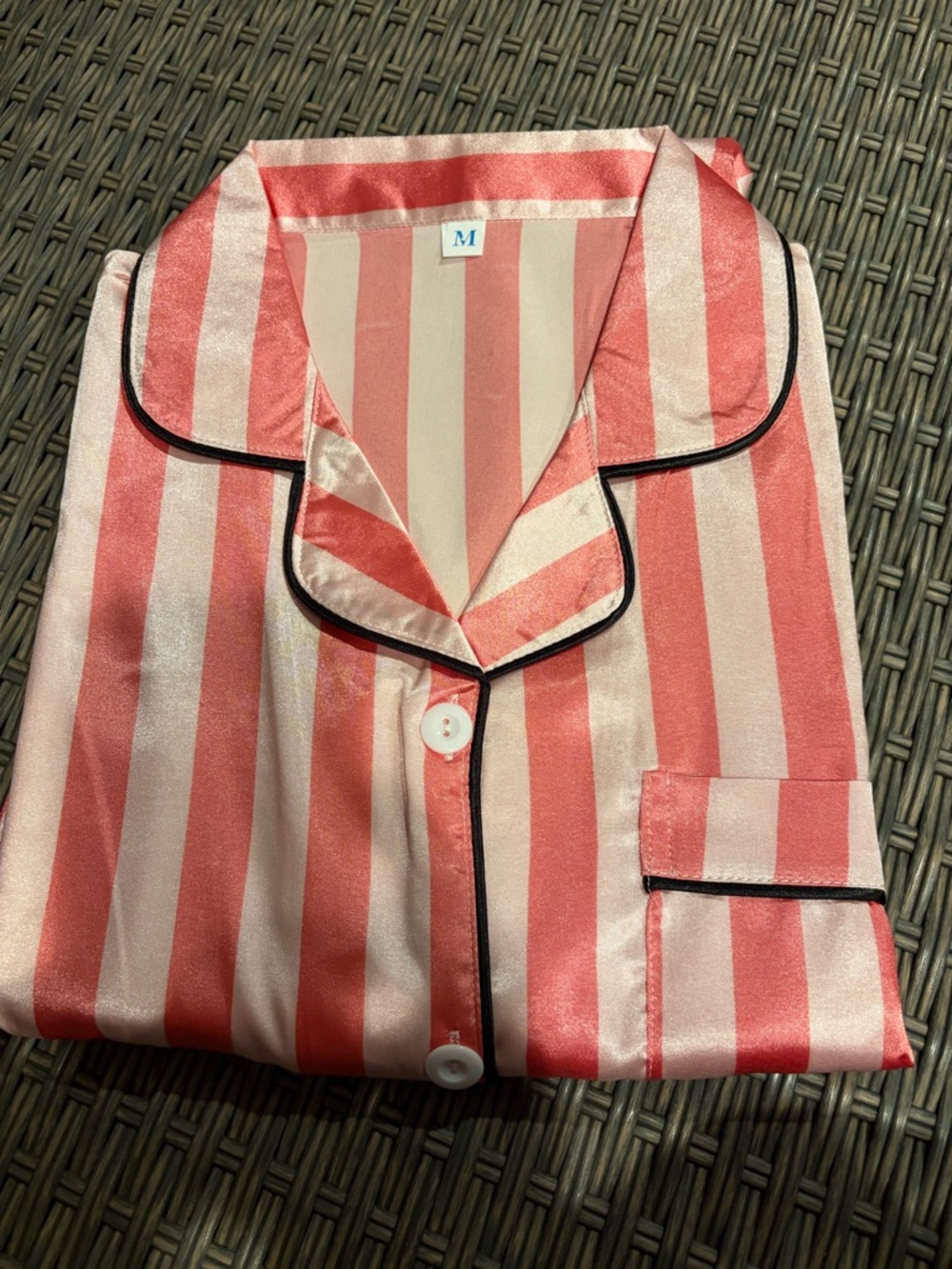 Striped Pink and Cream Womens Pajama Set with Black Piping - M